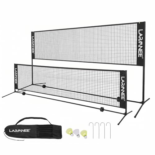 LARMNEE Badminton Netz 4 m Volleyballnetz Federballnetz 3-Fach-Höhenverstellbar 107/120/155cm Tragbares Set für Tennis Badminton oder Volleyball für Garten Indoor Outdoor EHS04BN02