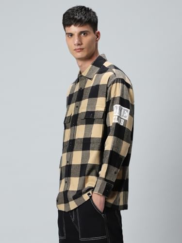 Image of Bewakoof Men's 100% Cotton Checked Oversized Fit Collar Shirt