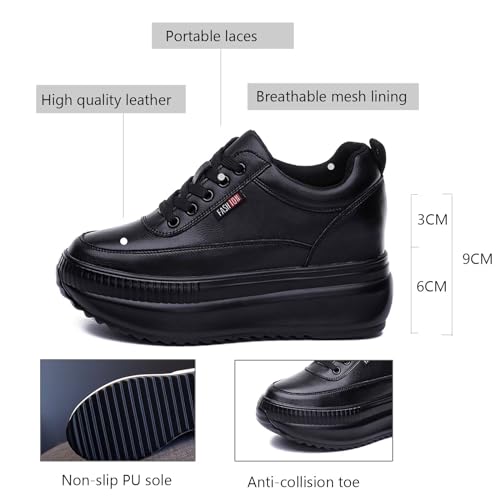 JAOOUU Damen Sneaker mit Keilabsatz Bequeme Turnschuhe mit Wedges aus Leder Modische Plateausohle Innere 9CM Erhöhung Schuhe für Frauen Freizeitschuhe - Afbeelding 2