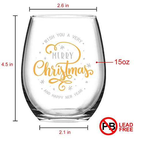 Wish You A Merry Christmas and Happy New Year Stemless Wine Glass Set, Stemless Wine Glasses for Women Friends Men Christmas Wedding Party, Set of 4