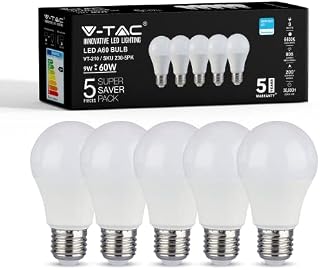 V-TAC E27 Screw Bulbs, Cool White 6400K, 60W Incandescent Bulb Equivalent, 9W LED Light Bulbs 806lm, GLS Energy Saving Edison Lightbulb, Non-dimmable, Pack of 5 [Energy Class F]