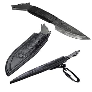 TOFERNER Wolf – Black Hand Forged Spring Steel Knife in Celtic Style – Sharp & Pointed Blade with Genuine Leather Bag – For Art & Culture Lovers