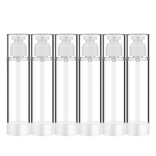 Empty Pump Bottles, RUCKAE Airless Pump Bottle Dispenser 6 Pack 1.7oz/50ml, Vacuum Travel Bottles Clear Refillable Container for Lotion, Shampoo, Liquid Soap, Essential Oils and More