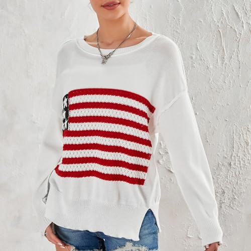 Image of Women American Flag Sweater Loose Vintage USA Sweatshirt Long Sleeve Crewneck Hollow Out 4th of July Jumper