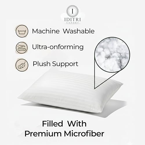 Image of Premium Microfiber Pillow, Soft Satin Stripe Cotton Cover, Down Alternative Fill for Neck Comfort, Hotel Collection Bedding Cushion, 16x24 Inch, White