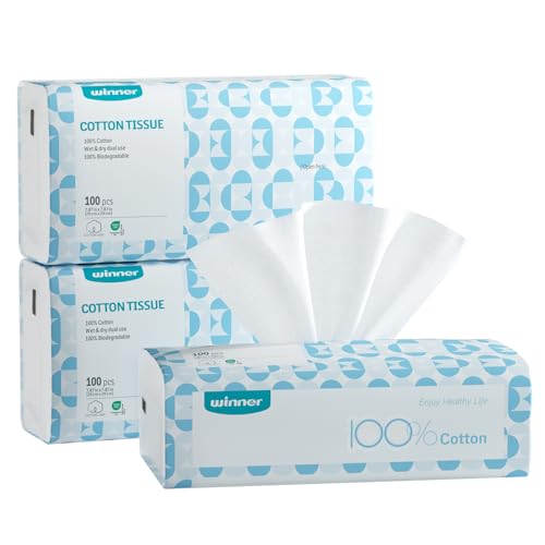 Winner Softer Face Towels, 100% USDA Biobased Facial Towels, Unscented Cotton Tissues for Sensitive Skin, OEKO-TEX Certified Face Towelettes Disposable, Makeup Remover Dry Wipes, 300 Ct, Pack of 3