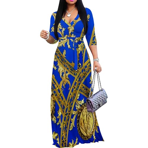 Image of PinkPatty Women's Print Maxi Dresses 3 /4 Sleeve Flowy Long Dress V Neck Wrap Tie Waist Sundress
