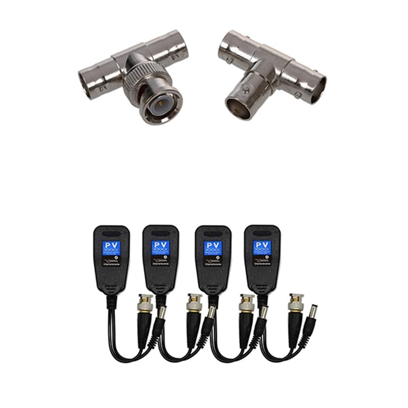 Wiring Connecting Terminals - 1X BNC Male to 2 Female Plug RF Coaxial T Adapter & 2 Pairs Video Balun, HD-CVI/TVI/AHD UTP Passive Video Balun - (Color: Gold)