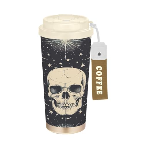 SKYSHU Taza de café de viaje aislada de 17 onzas con tapa y pajita, vaso a prueba de derrames y fugas con correa de asa para bebidas calientes y frías, botella de agua reutilizable de acero inoxidable