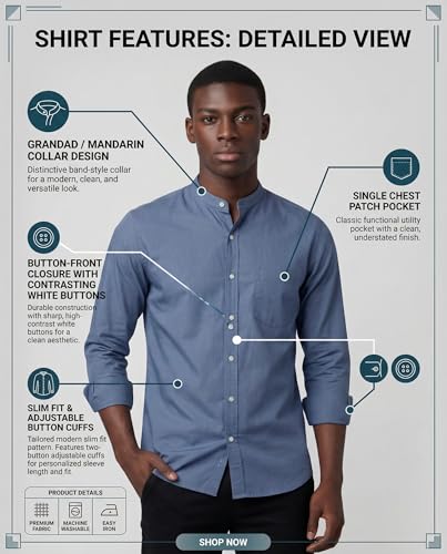 Image of Amazon Brand - INKAST Men's Cotton Blend Plain Solid Casual Shirt | Mandarin Collar | Full Sleeves | Regular Straight Fit | Office & Daily Casual Wear