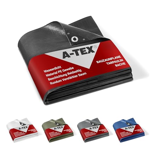 A-TEX® Bauzaunplane 140g/m² (Schwarz, 1,76 x 3,41 m) I Größe und Farbe wählbar I Für Standardmaß Bauzaun I Wasserdicht & Blickdicht I Abdeckplane m. Ösen I Reißfest | UV-stabilisiert