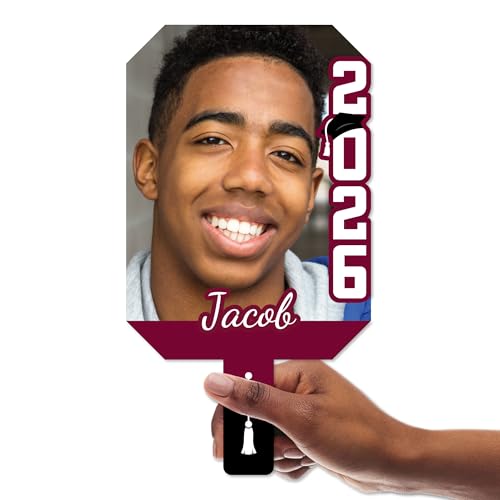 Big Dot of Happiness Custom Grad Photo Paddles, Class of 2026 Face Fans with Handles, Personalized Grad Big Head on Stick, Graduation Face Cutouts, Party Photo Booth Props Burgundy 3 Pc