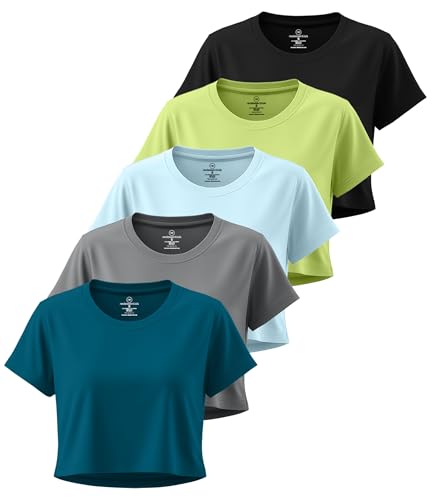 Real Essentials 5 Pack: Women's Dry-Fit Crop Top Short Sleeve Shirts Workout Gym Cropped Athletic Tee (Available in Plus) - Set 12, S