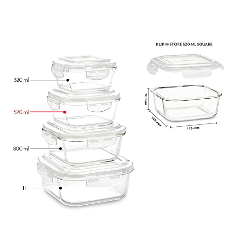 Image of Borosil Klip n Store (520ml x 2) Square Glass Food Storage Container Set with Air Tight Lid | Borosilicate Glass Container for Lunchbox | Microwave & Dishwasher Safe | Transparent