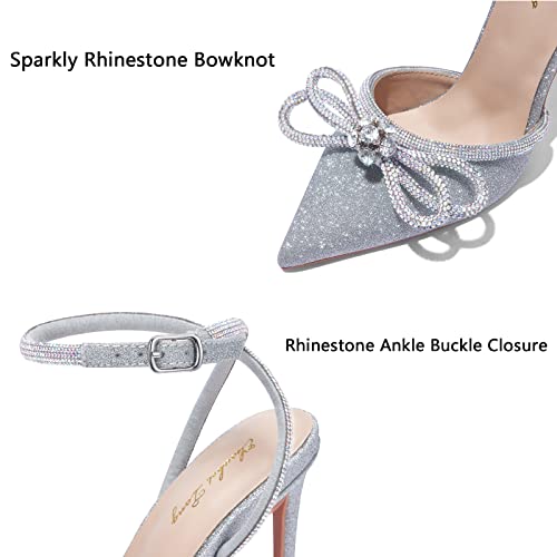 Elisabet Tang Women's High Heel Pumps,Satin Rhinestone Bowknot Lace Up Sandals Pointed Toe Ankle Buckle Straps Pump Stiletto Sandals3