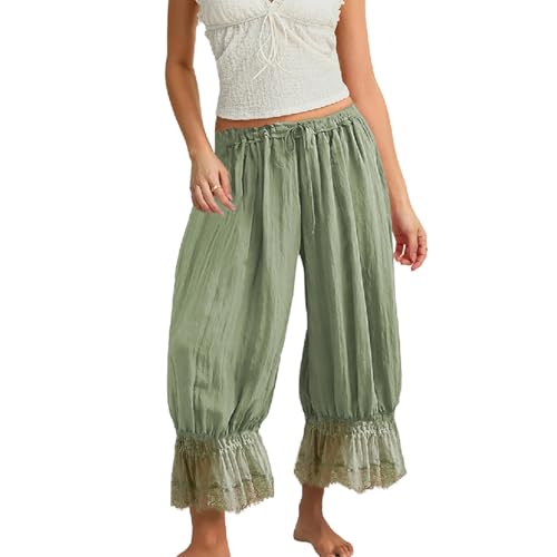 Image of KOSUSANILL Women Long Bloomer Pants Lace Trim Ruffle Pantaloons Cropped Lounge Pajama Bottoms Y2K Capri Pettipants