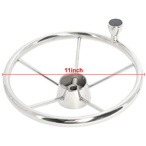 Yaegarden Stainless Steel Boat Steering Wheel, 5 Spoke Marine Steering Wheel, 11\" Dia, Destroyer Style Marine Wheel with M Size Knob & Black Cap(9108SF1)