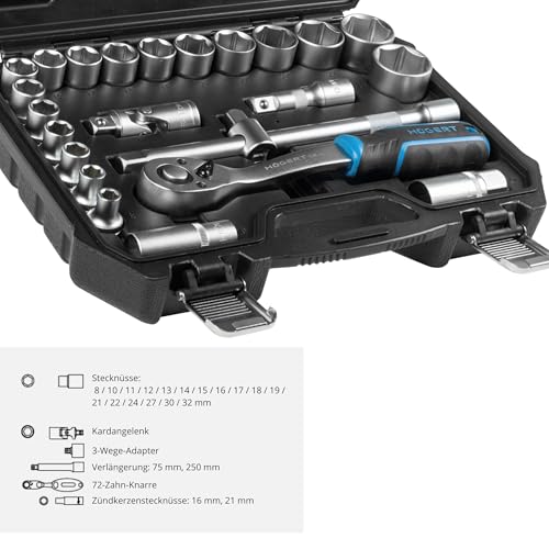 Högert Technik - Steckschlüsselsatz 24-teilig 1/2 Zoll mit Knarrenschlüssel, Ratsche, Stecknüssen 8-32 mm aus CrV Stahl im Koffer für Werkstatt und Garage