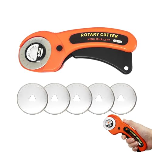 Rollschneider Stoff Mit 5 Ersatzklingen,Stoffschneider Rollschneider, Stoffschneider Mit Ergonomischem Griff Und Sicherheitsverschluss Rollschneider 45mm Für Stoff, Leder, Basteln (Orange Farbe)