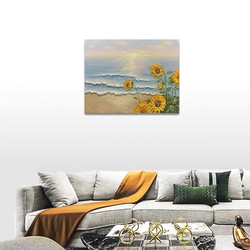 Sunflower Beach Decor Wall Art Coastal Ocean Waves Pictures Sunset Seascape Canvas Painting Nature Home Modern Artwork Decorations Framed for Bathroom Living Room Bedroom Office 16 x 12 inch - Image 4