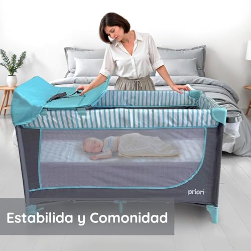 Priori Baby Nauta berço de viagem dobrável 5 em 1 para bebé, portátil, parque, trocador, ginásio e organizador, malha respirável rodas com travão bolsa de transporte, 0-3 anos até 15 kg (azul)