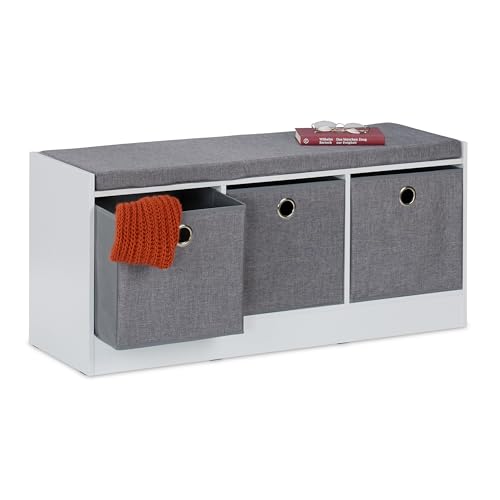 Relaxdays Banco Zapatero con Asiento Acolchado, 3 Cajones de Tela para Almacenaje, 46 x 102 x 32 cm, MDF, Blanco y Gris, Tablero de Fibras