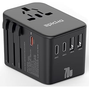 EPICKA Universal Travel Adapter, GaN International Plug Adapter with 3 USB-C 70W PD Fast Charging & 2 USB-A Adaptor All-in-one Wall Charger for USA EU UK AUS (TA-105 Pro, Black)
