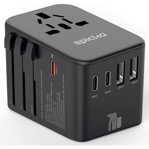 EPICKA Universal Travel Adapter, GaN International Plug Adapter with 3 USB-C 70W PD Fast Charging & 2 USB-A Adaptor All-in-one Wall Charger for USA EU UK AUS (TA-105 Pro, Black)