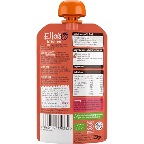 Ella's Kitchen Organic Super Smooth Peaches and Bananas Puree, 4+ Baby Food, Gluten & Dairy Free - 120g