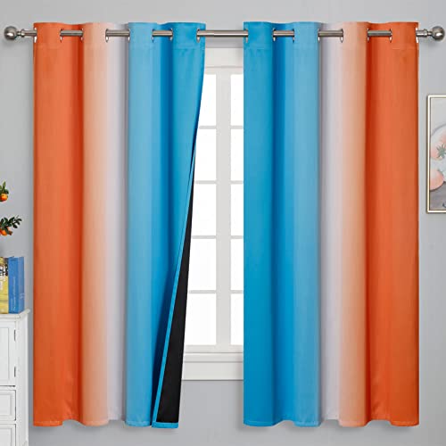 Image of Estelar Textiler Ombre Orange and Blue Curtains 63 Inch Length 2 Panels, Total Blackout Curtains for Bedroom, Grommet Thermal Insulated Gradient Drapes, Full Light Blocking for Boys Room, 52x63 Inch