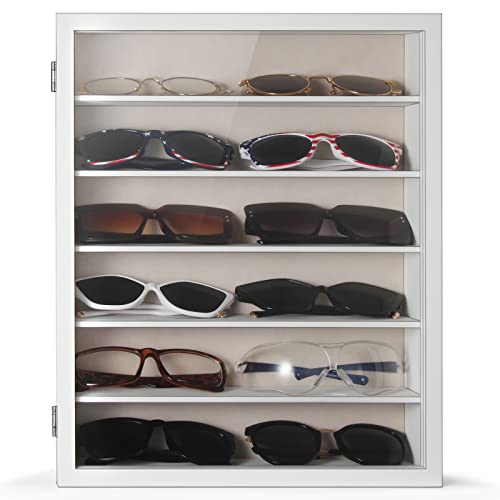 Image of TJ.MOREE Sunglasses Organizer Storage Wall Mounted: 13 x 15.6 inches Eyewear Display Case 6 Tier Rustic Wood Eyeglasses Holder Large Glasses Storage Box, White
