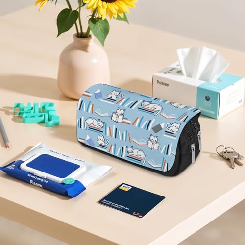 Image of Reading Cat Pencil Case - Book Lover's Large Capacity Pen Pouch, Flip Top Pencil Bag with 2 Zippered Pockets, Cute Literary Design School Supplies for Teens, Library & Study Essentials