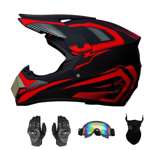 Senhill Casco de Motocross Casco Dot Casco Offroad Casco de Motocross para Jóvenes Unisexes Casco de Moto con Guantes Gafas Máscara (Rojo, L)