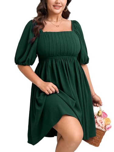 Image of SCOMCHIC Women's Plus Size Dresses Puff Short Sleeve Square Neck Smocked Pleated Casual Summer Mini Babydoll Dress