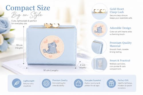 Image of Valerie Cute Small Wallets Clutch for Teen Girl Women PU Leather Trifold Small Wallet Cash Pocket 3D Buckle Card Holder Coin Purse with ID Window for Girls Women (Blue cat)