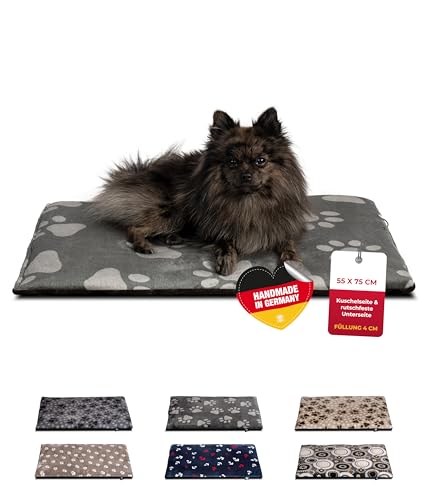 HS-Hundebett® Hundedecke S (55x75 cm) – rutschfest & gemütlich Dank 3 cm Füllung – Perfekt fürs Sofa, Auto & Hundebox – Pfote Anthrazit, Made in DE