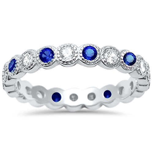 Oxford Diamond Co Simulated Blue Sapphire & Cz Antique Style Bezel Set Eternity Stackable .925 Sterling Silver Ring Sizes 7