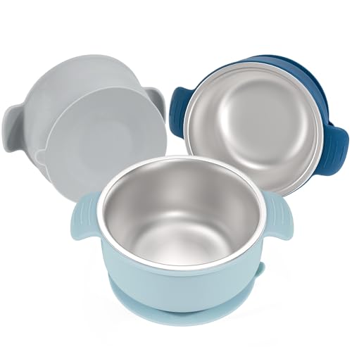 Image of Bella's Friends Stainless Steel and Silicone Baby Bowls with Suction 3 Pack, 4.3” for Toddlers Kids Feeding, Non-Slip, Non-Toxic, Mess-Free, Dishwasher Safe, Fit High Chair Size, blue dark blue gray