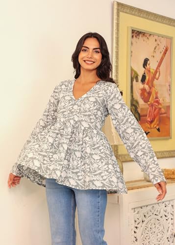 Image of LABEL ADRIJA Cotton V Neck Anarkali Short Kurti for Women Full Sleeve Floral Print | Short Kurtis for Women on Jeans