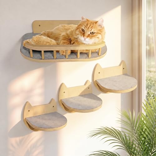 BUOGA Cat Wall Shelves – 3 Steps Climbing Furniture & Perch for Indoor Cats up to 30lbs, Wooden Floating Shelf with Non-Slip Pad Bed, Modern Corner & Wall Mounted for Playing and Lounging - Natural