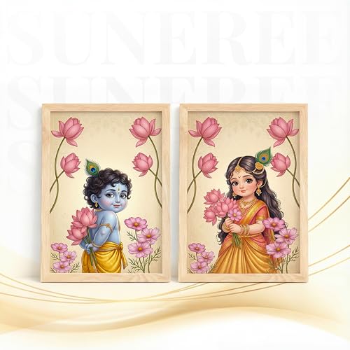 Image of Suneree Radha Krishna Painting with Lotus Flowers | Set of 2 Framed Wall Art Paintings | Traditional Indian Decor for Living Room Bedroom Pooja Room | (ART 5, 10x13 INCHES)