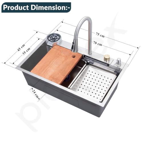 Image of Plantex Kitchen Sink for Home /304 Grade Stainless Steel Waterfall Kitchen Sink with Anti-Scratch Design /Sink with Pull-Down Faucet - (30x18x10 Inch, Matt)