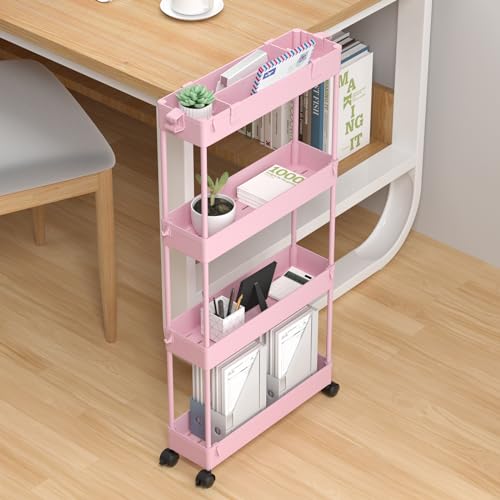 Image of SPACELEAD Slim Storage Cart 4 Tier,Bathroom Organizer Rolling Utility,Mobile Shelving Unit Slide Out for Office, Kitchen, Laundry Room & Narrow Places,Pink
