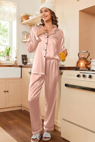 Image of Ekouaer Women's Classic Button Down Long Satin Silk Pajama Set