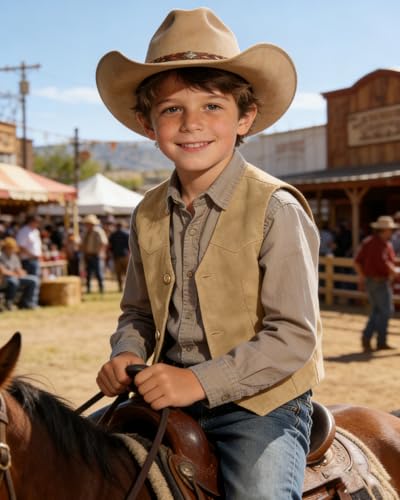 Image of Retro Boys Western Cowboy Vest for Kids Leather Suede Waistcoat | vintage dress vests, welt pockets, v-neck, adjustable waist, formal slim fit, wedding outfit, farm christmas birthday prom