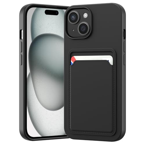 LVVFEI Custodia per iPhone 15 6,1 Pollic con Portacarte, Custodia in Silicone TPU Antiurto Integrata, Cover con Fessura per Carte di Credito Design Finitura Opaca, Nero