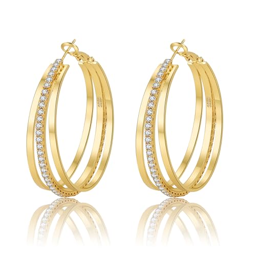 Image of Senteria 14K Gold Plated Hoop Earrings for Women Lightweight Large Gold Hoop Earrings Hypoallergenic Silver Triple Hoops Earring with Cubic Zirconia 25/30/40/50mm
