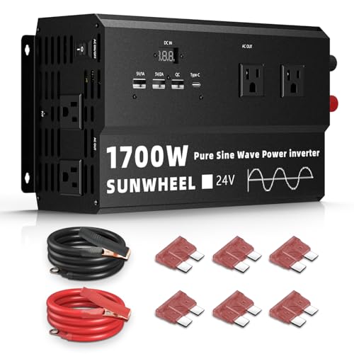 Image of SUNWHEEL 1700W 24V Pure Sine Wave Inverter, 24V DC to 110V/120V AC Power Inverter for RV、Off Grid、Truck、Power Outage with 4 AC outlets and LCD Display