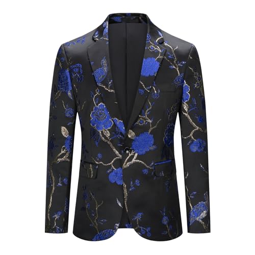 YOUTHUP Mens Embroidery Blazer Slim Fit Flowery Suit Jacket Stylish Floral Tuxedo Jackets, Blue-607, L