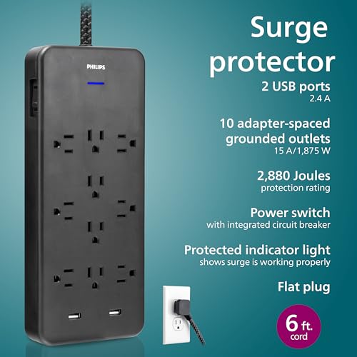 Image of Philips Surge Protector Power Strip, 6 Ft Braided Extension Cord, 2880 Joules, 10 Outlet Extender (Wide Spaced), 2 USB-A, Flat Plug, Home Office Dorm Essentials, ETL Listed, Black, SPP3403B /37